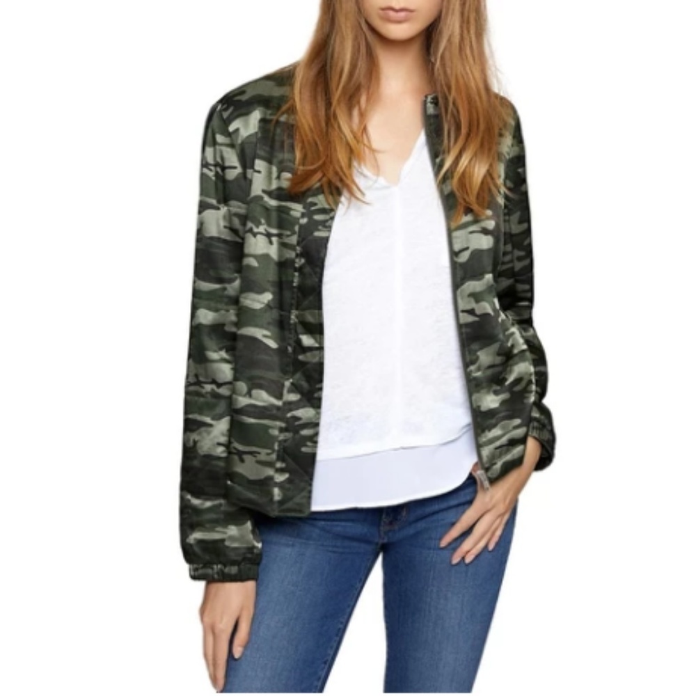 Sanctuary Camo Bomber Satin Jacket Full Front‎ Zip Size XS